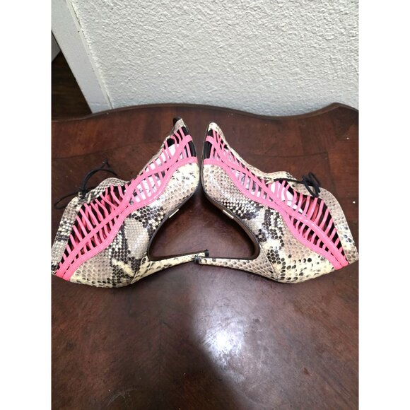 Ted Baker London Neon Pink & Snakeskin Lace-Up Open Toe Heels Size 37.5 - Picture 8 of 15